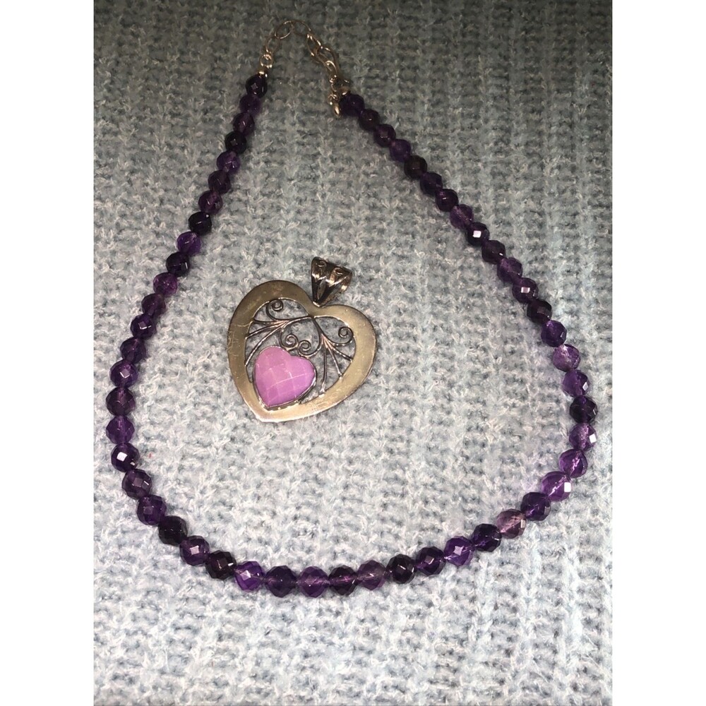 Jay King 925 Silver PHOSPHOSIDERITE & AMETHYST Beaded HEART Pendant Necklace